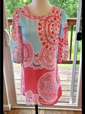 Iz Byer Coral and Light Blue Medallion Print Mini Dress